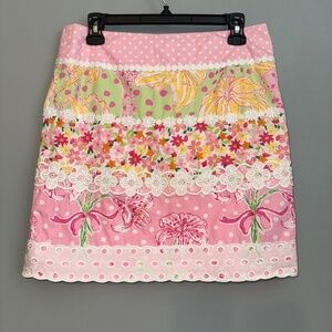 Vintage Lilly Pulitzer White Label Floral Patchwork Lace Trim Skirt Size 4